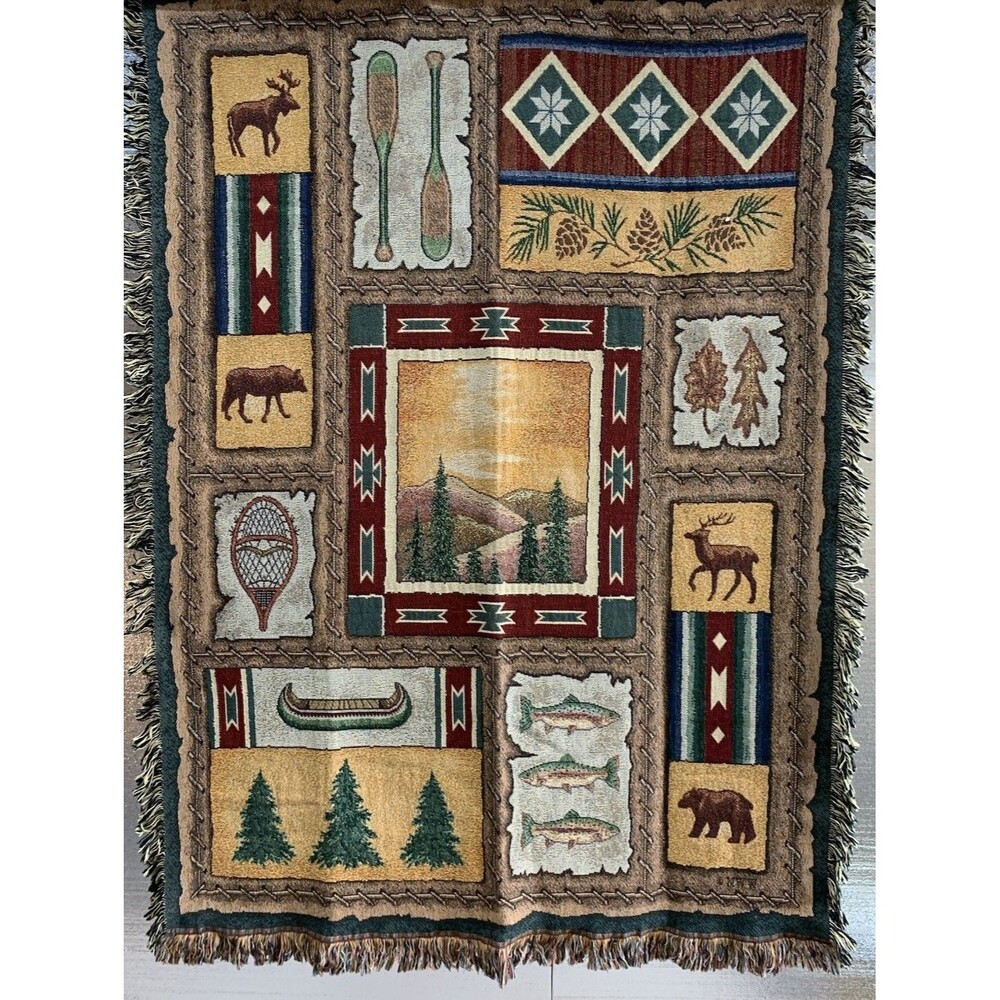 North Woods Woven Tapestry Throw Blanket with Fringe Wall Hanging 51 in. x 68 in